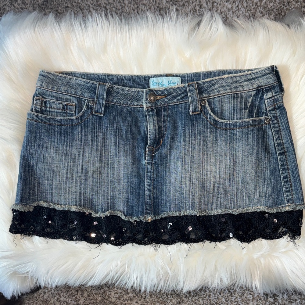 Anchor Blue Denim Mini Skirt with Black Lace Sequin Hem